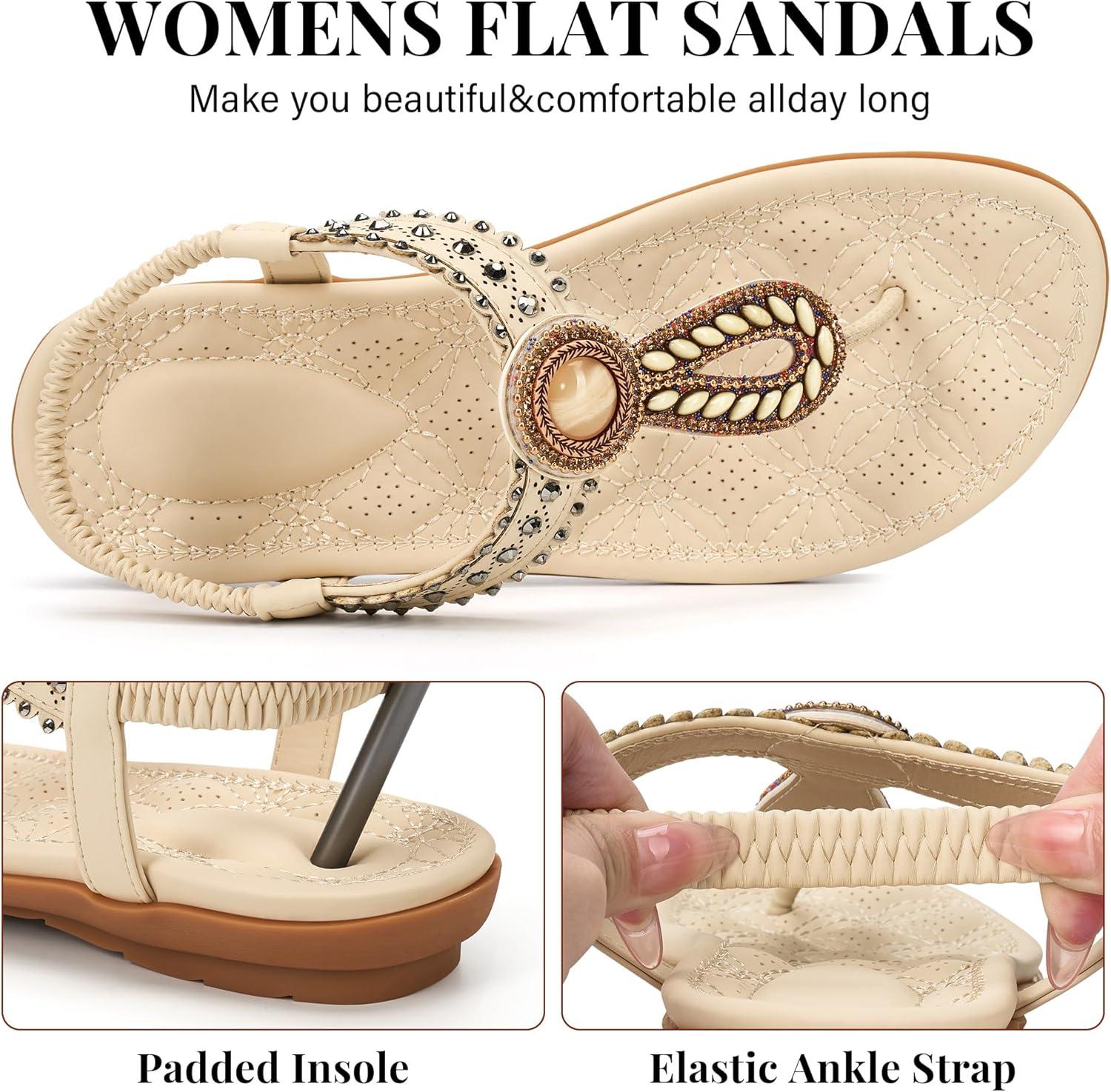 image:imageEcetana Womens Flat Sandals Comfortable 2026 Dressy Rhinestone TStrap Boho Elastic Casual Summer Shoes for Walking VacationBeige