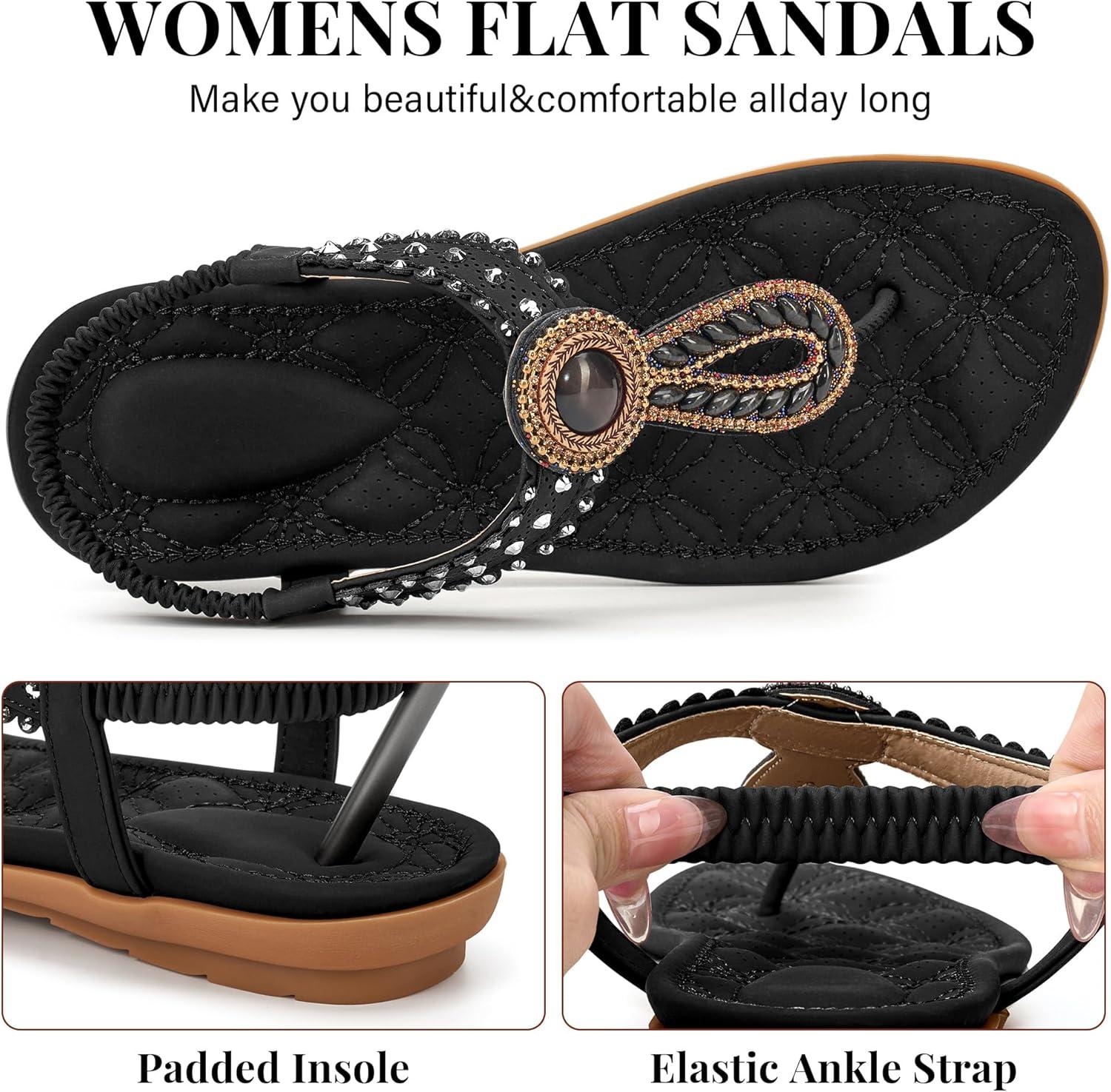 image:imageEcetana Womens Flat Sandals Comfortable 2026 Dressy Rhinestone TStrap Boho Elastic Casual Summer Shoes for Walking VacationBlack