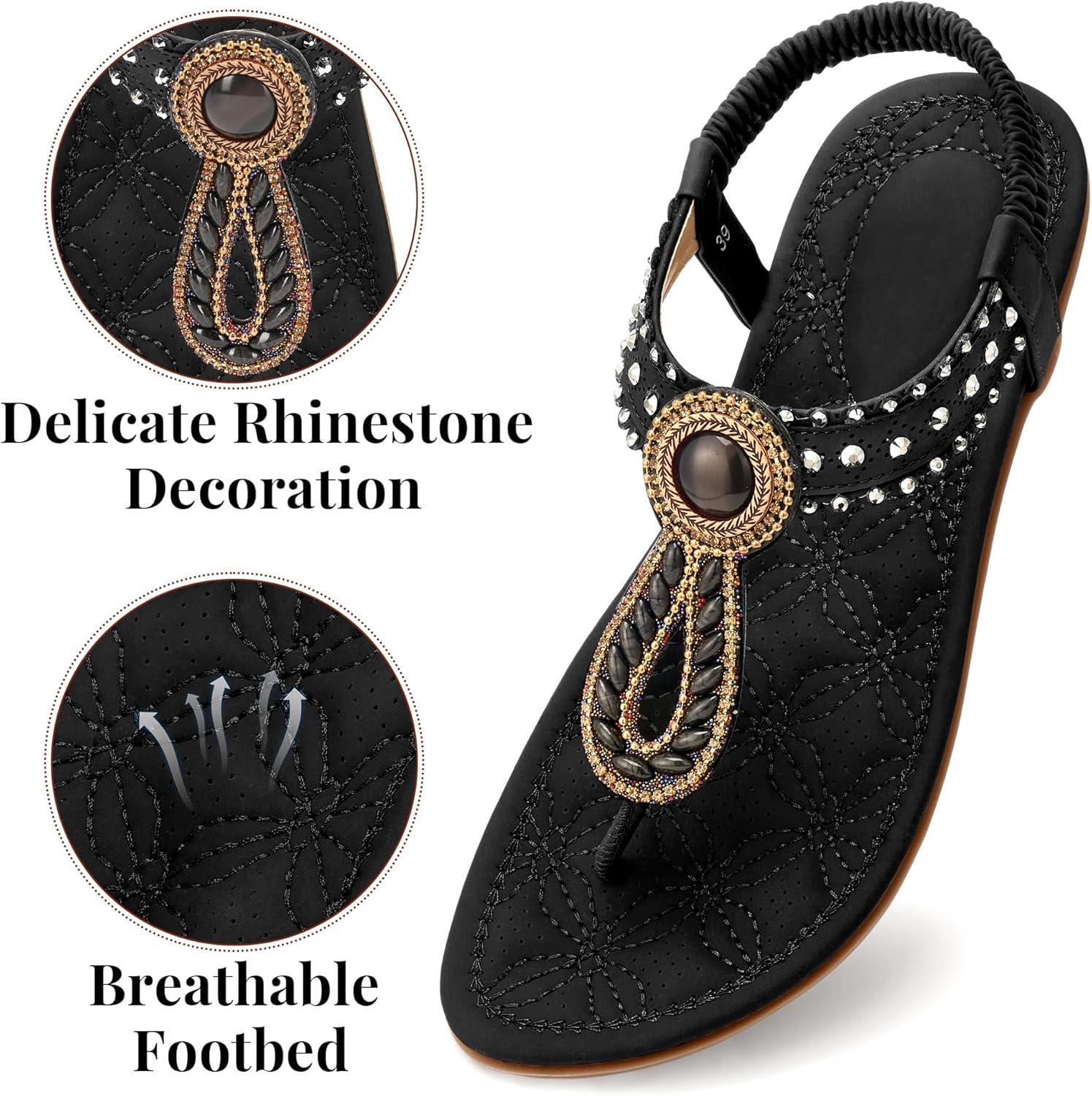 image:imageEcetana Womens Flat Sandals Comfortable 2026 Dressy Rhinestone TStrap Boho Elastic Casual Summer Shoes for Walking VacationBlack
