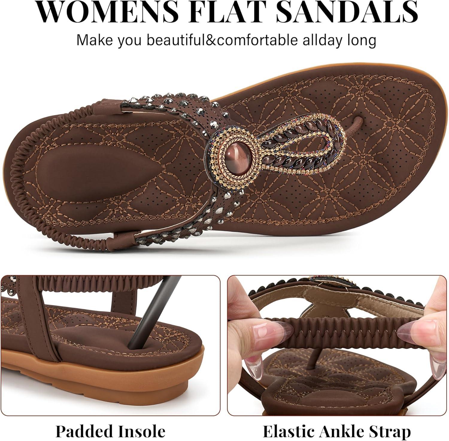image:imageEcetana Womens Flat Sandals Comfortable 2026 Dressy Rhinestone TStrap Boho Elastic Casual Summer Shoes for Walking VacationDark Brown