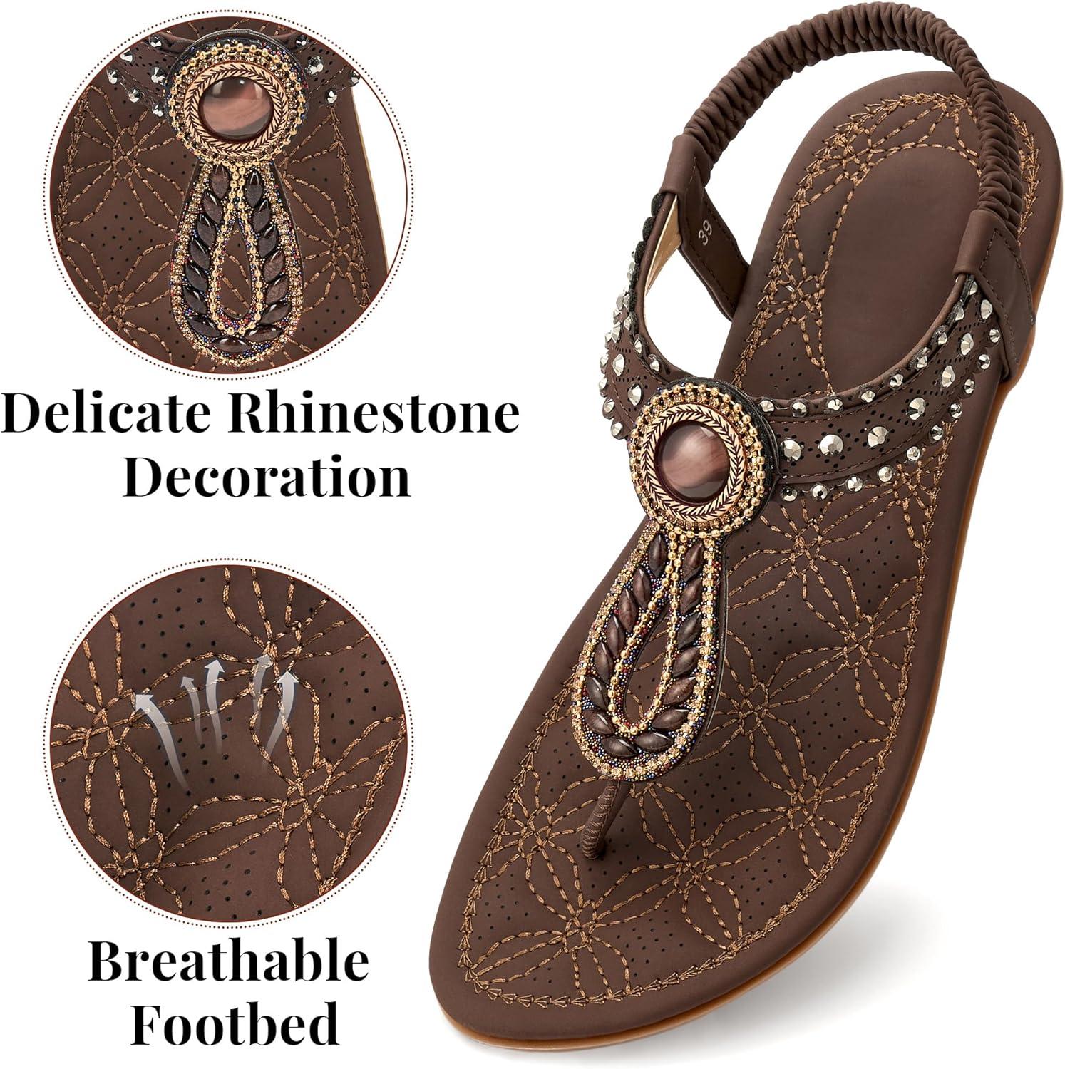 image:imageEcetana Womens Flat Sandals Comfortable 2026 Dressy Rhinestone TStrap Boho Elastic Casual Summer Shoes for Walking VacationDark Brown