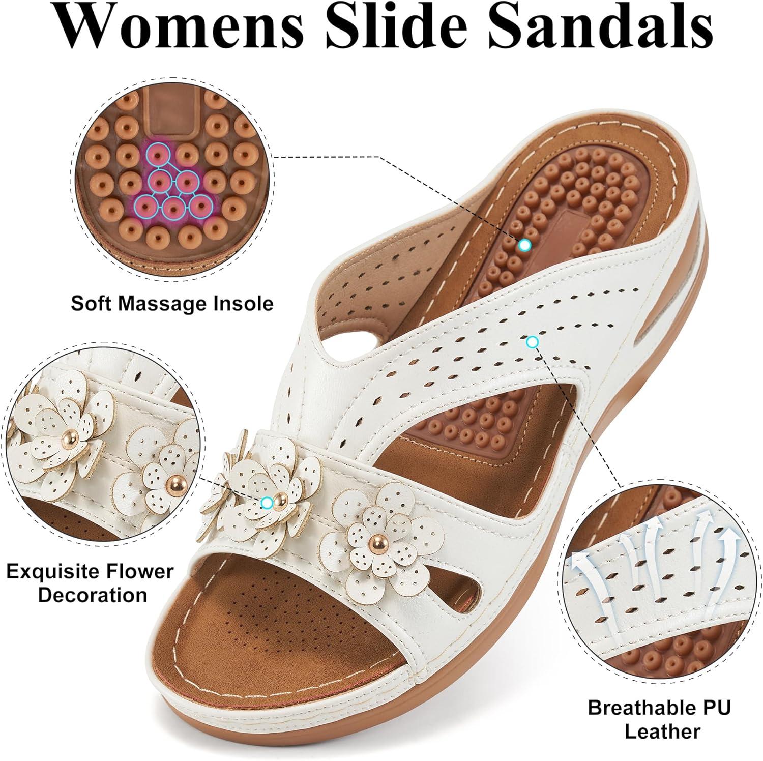 image:imageEcetana Womens Sandals Dressy Summer Comfortable Slides with Flowers Casual Non Slip Platform Lightweight Wedge ShoesWhite