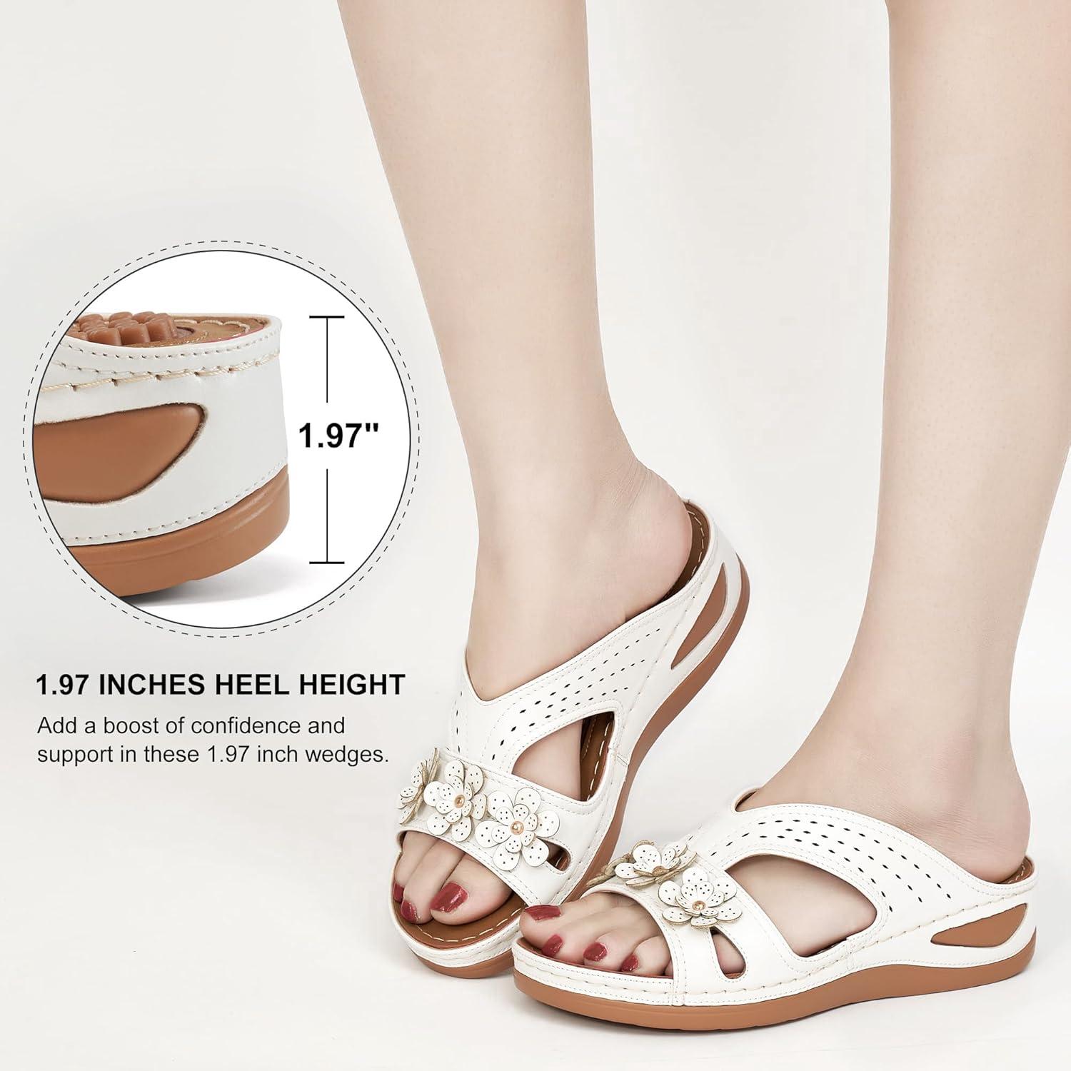 image:imageEcetana Womens Sandals Dressy Summer Comfortable Slides with Flowers Casual Non Slip Platform Lightweight Wedge ShoesWhite