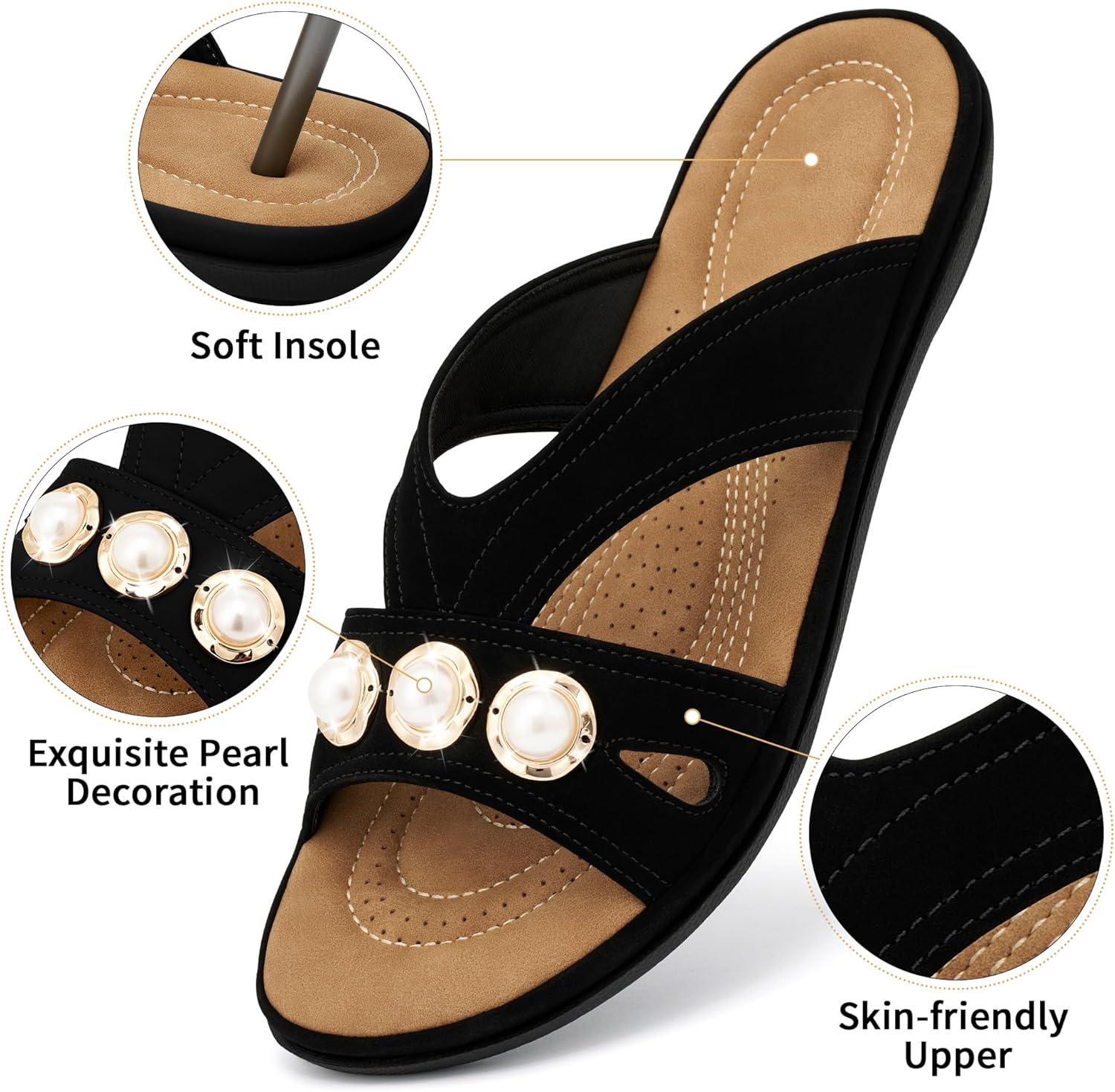 image:imageEcetana Womens Sandals Summer Slides 2026 Comfortable Walking Dressy Slides Casual Slip on Flat SandalsBlack