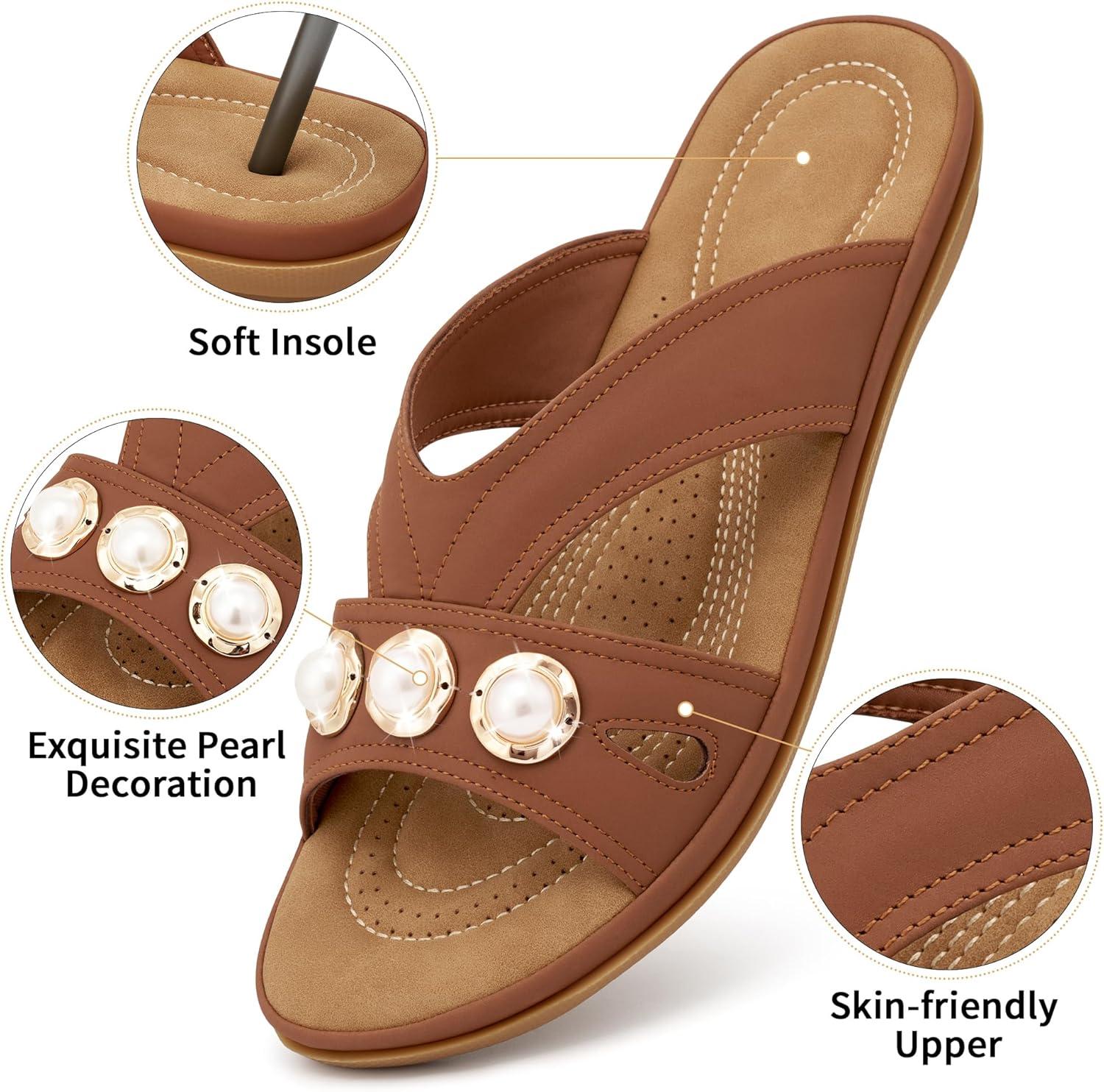 image:imageEcetana Womens Sandals Summer Slides 2026 Comfortable Walking Dressy Slides Casual Slip on Flat SandalsBrown