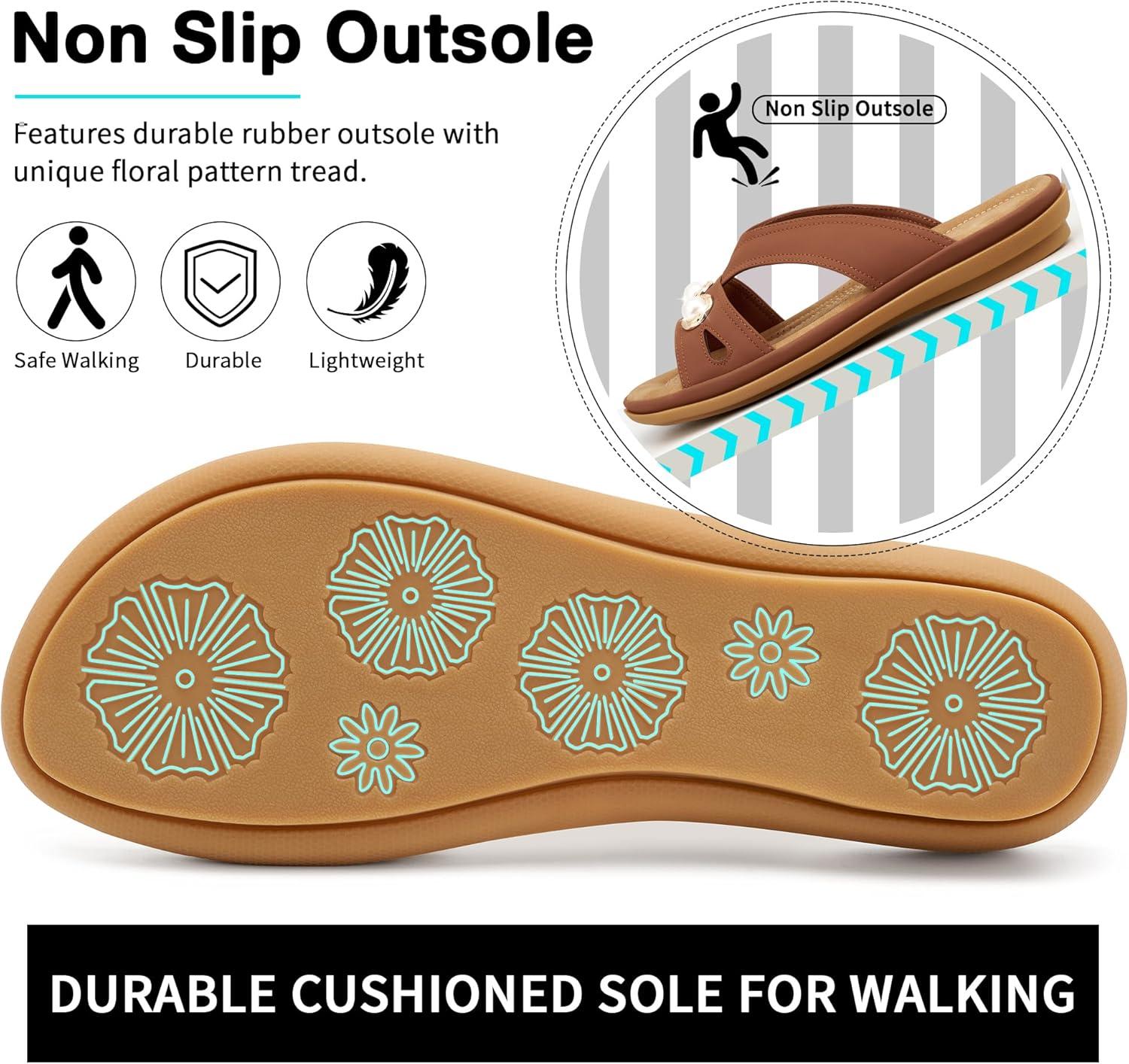 image:imageEcetana Womens Sandals Summer Slides 2026 Comfortable Walking Dressy Slides Casual Slip on Flat SandalsBrown