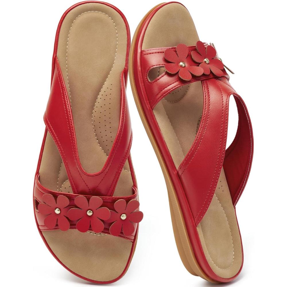 image:imageEcetana Flat Sandals for Women 2026 Dressy Summer Fashion Walking Slides Comfortable Slip On Casual Vacation Flats SandalsRed