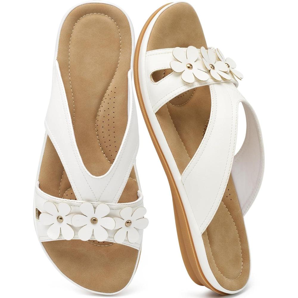 image:imageEcetana Flat Sandals for Women 2026 Dressy Summer Fashion Walking Slides Comfortable Slip On Casual Vacation Flats SandalsWhite