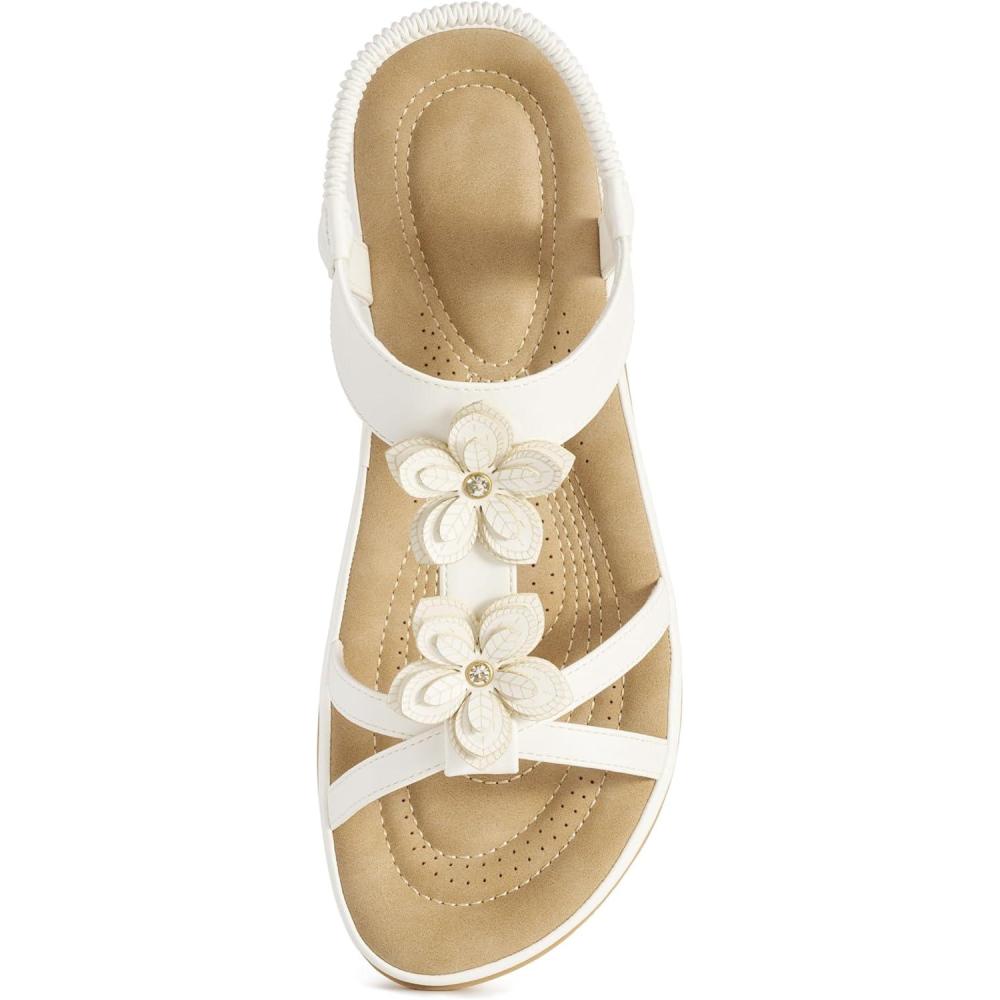 image:imageEcetana Flat Sandals for Women Dressy Comfortable Walking Summer Sandals 2026 Flower Elastic Ankle Strap Casual FlatsWhite