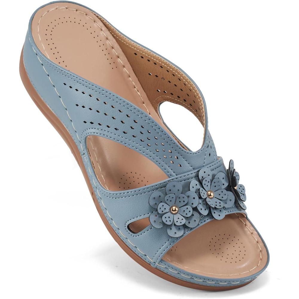 image:imageEcetana Sandals for Women Wedge Shoes Slip On Dressy Summer Comfortable Slides Sandals 2026 Casual Memory Foam Platform ShoesBlue