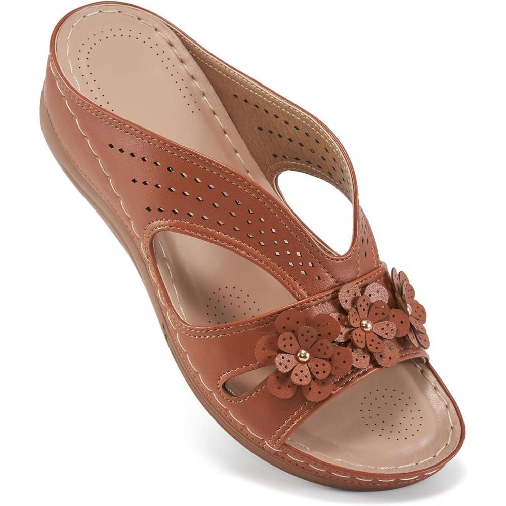 image:imageEcetana Sandals for Women Wedge Shoes Slip On Dressy Summer Comfortable Slides Sandals 2026 Casual Memory Foam Platform ShoesBrown