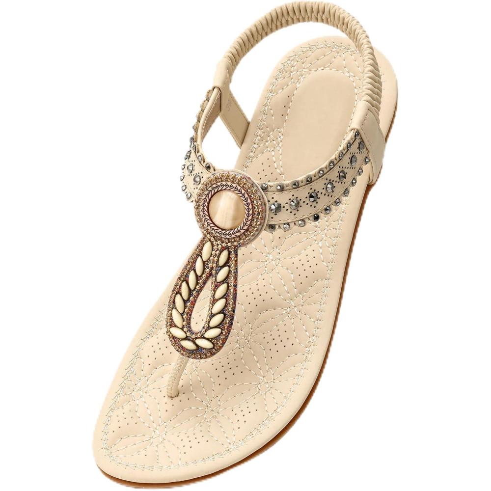 image:imageEcetana Womens Flat Sandals Comfortable 2026 Dressy Rhinestone TStrap Boho Elastic Casual Summer Shoes for Walking VacationBeige