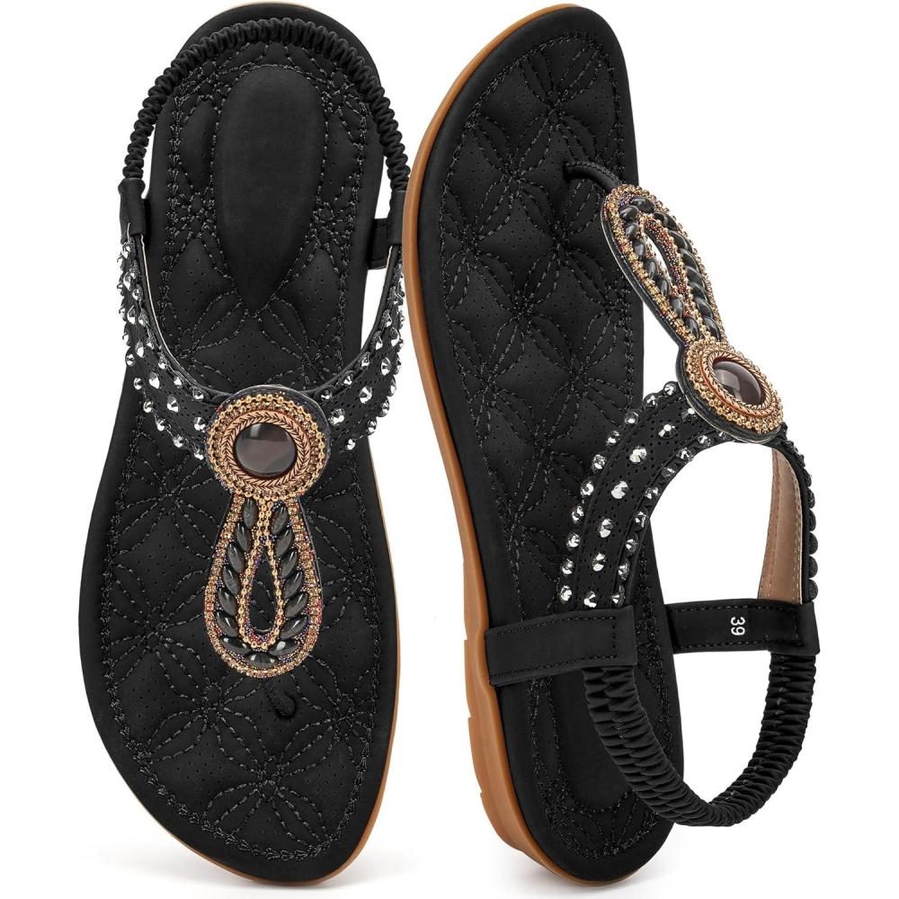 image:imageEcetana Womens Flat Sandals Comfortable 2026 Dressy Rhinestone TStrap Boho Elastic Casual Summer Shoes for Walking VacationBlack