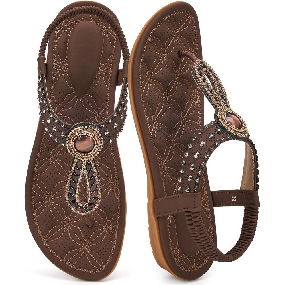 image:imageEcetana Womens Flat Sandals Comfortable 2026 Dressy Rhinestone TStrap Boho Elastic Casual Summer Shoes for Walking VacationDark Brown
