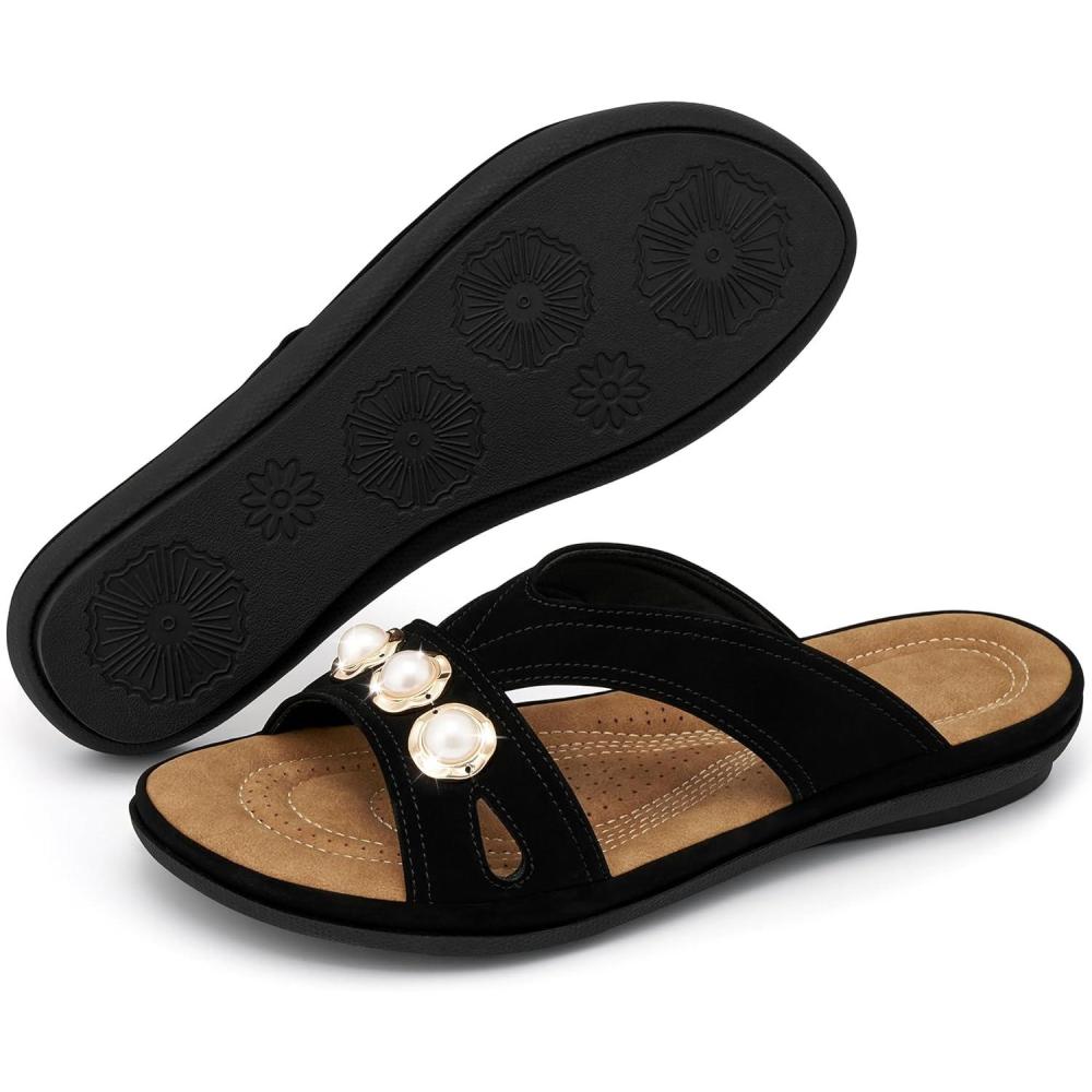 image:imageEcetana Womens Sandals Summer Slides 2026 Comfortable Walking Dressy Slides Casual Slip on Flat SandalsBlack