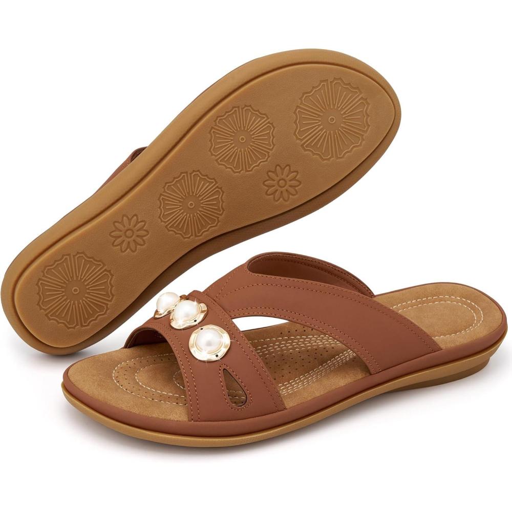 image:imageEcetana Womens Sandals Summer Slides 2026 Comfortable Walking Dressy Slides Casual Slip on Flat SandalsBrown