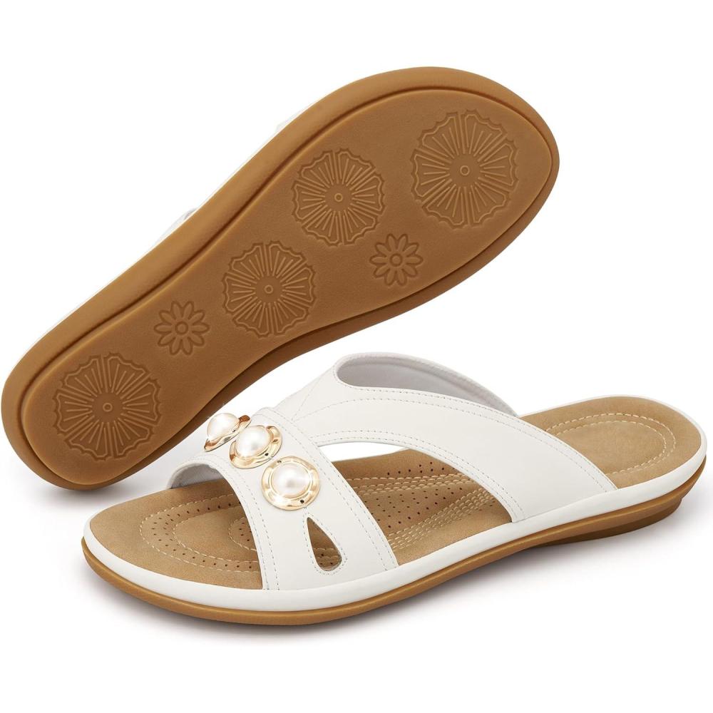 image:imageEcetana Womens Sandals Summer Slides 2026 Comfortable Walking Dressy Slides Casual Slip on Flat SandalsWhite
