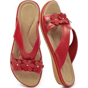 Ecetana Flat Sandals for Women 2026 Dressy Summer Fashion Walking Slides Comfortable Slip On Casual Vacation Flats Sandals(Red)