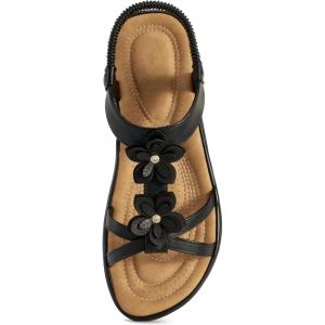 Ecetana Flat Sandals for Women Dressy Comfortable Walking Summer Sandals 2026 Flower Elastic Ankle Strap Casual Flats(Black)