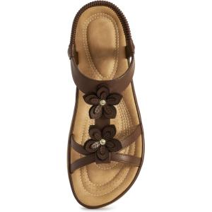 Ecetana Flat Sandals for Women Dressy Comfortable Walking Summer Sandals 2026 Flower Elastic Ankle Strap Casual Flats(Coffee)