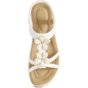 Ecetana Flat Sandals for Women Dressy Comfortable Walking Summer Sandals 2026 Flower Elastic Ankle Strap Casual Flats(White)