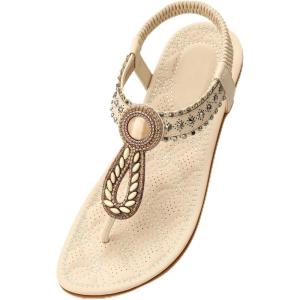 Ecetana Womens Flat Sandals Comfortable 2026 Dressy Rhinestone T-Strap Boho Elastic Casual Summer Shoes for Walking Vacation(Beige)