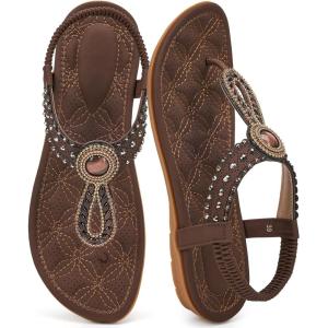 Ecetana Womens Flat Sandals Comfortable 2026 Dressy Rhinestone T-Strap Boho Elastic Casual Summer Shoes for Walking Vacation(Dark Brown)