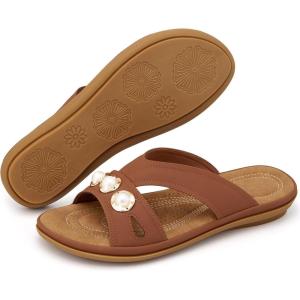 Ecetana Womens Sandals Summer Slides 2026 Comfortable Walking Dressy Slides Casual Slip on Flat Sandals(Brown)