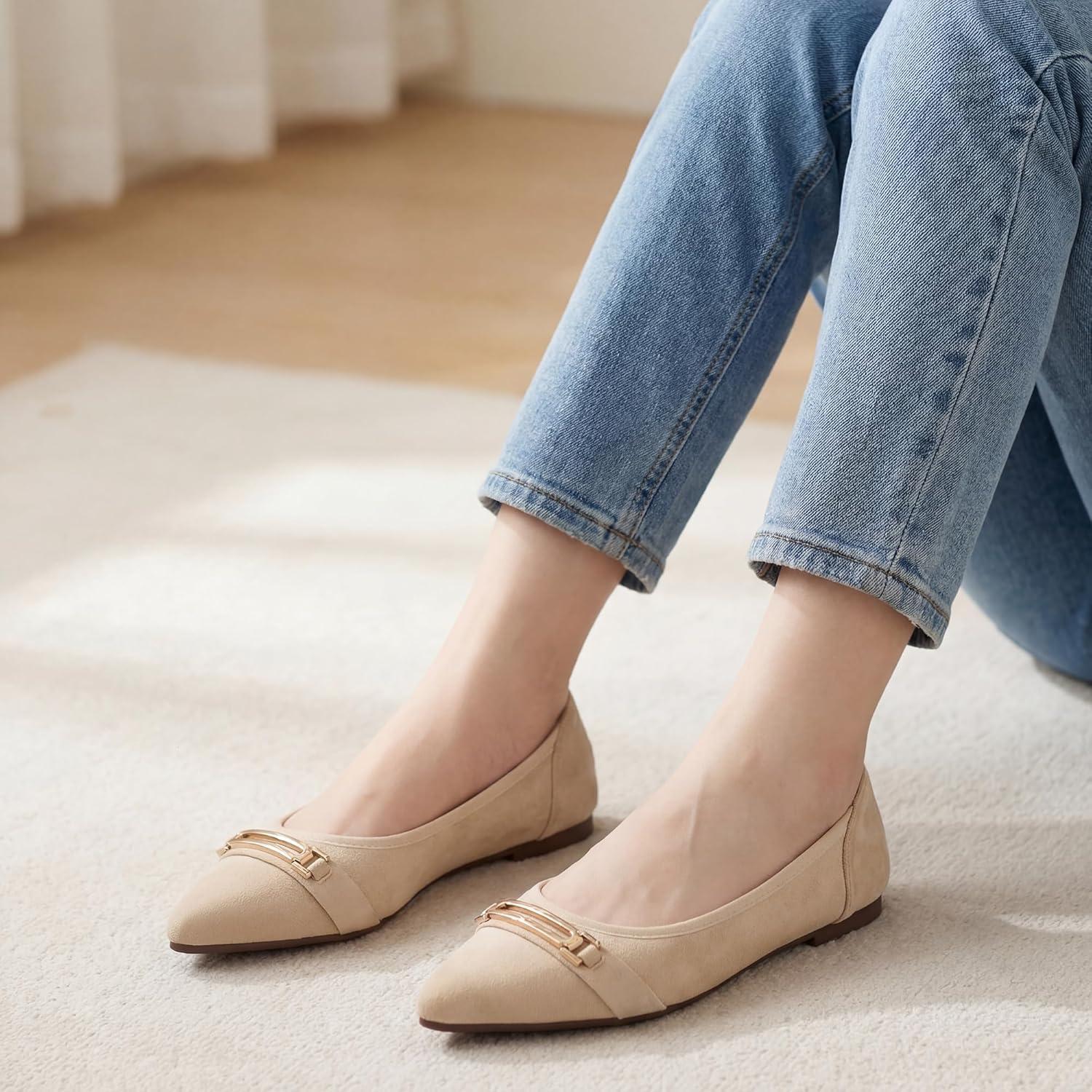 image:imageEcetana Flats for Women Pointed Toe Ballet Flats Comfortable Suede Slip on Dressy Shoes for Work Business Casual TravelApricot