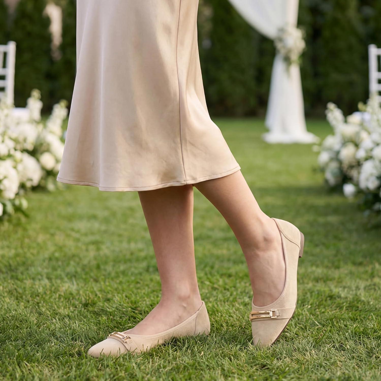 image:imageEcetana Flats for Women Pointed Toe Ballet Flats Comfortable Suede Slip on Dressy Shoes for Work Business Casual TravelApricot