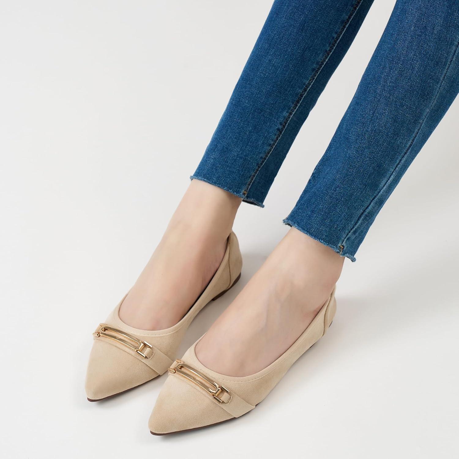 image:imageEcetana Flats for Women Pointed Toe Ballet Flats Comfortable Suede Slip on Dressy Shoes for Work Business Casual TravelApricot