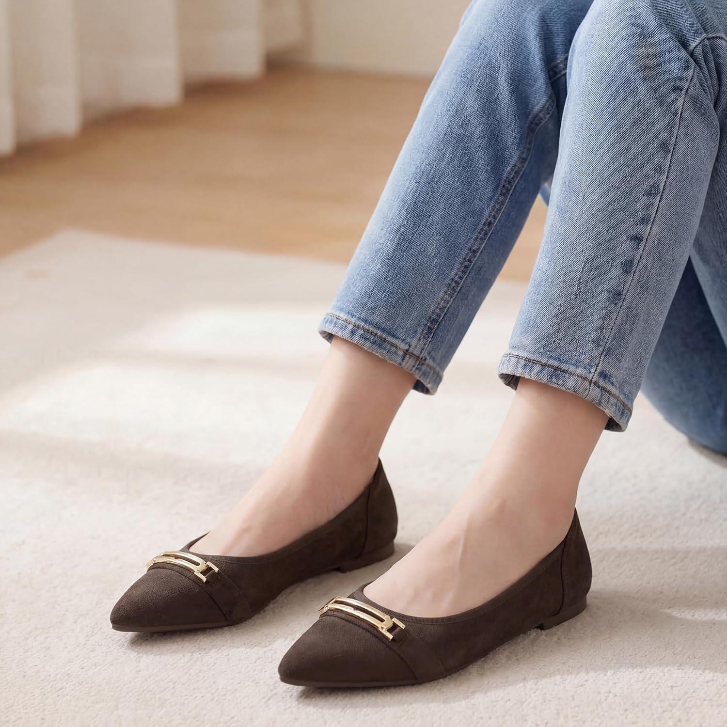 image:imageEcetana Flats for Women Pointed Toe Ballet Flats Comfortable Suede Slip on Dressy Shoes for Work Business Casual TravelCoffee
