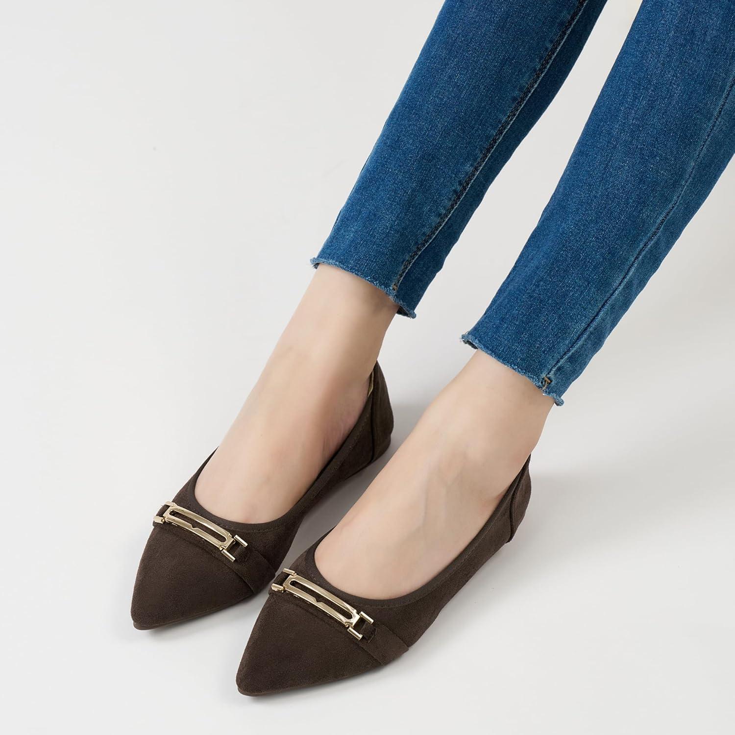 image:imageEcetana Flats for Women Pointed Toe Ballet Flats Comfortable Suede Slip on Dressy Shoes for Work Business Casual TravelCoffee