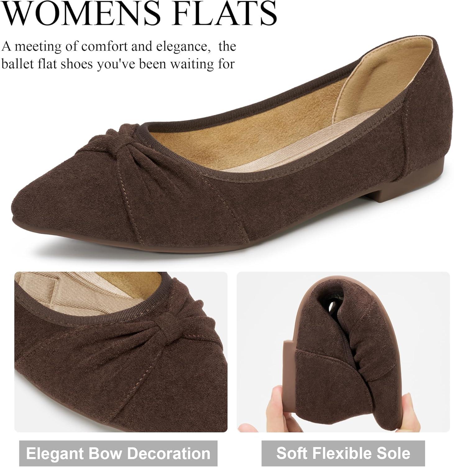 image:imageEcetana Womens Flats Ballet Shoes Comfortable Dressy Pointed Toe Bow Flats 2026 Foldable Slip On Dress Shoes for Work Office Business Wedding CasualCoffee