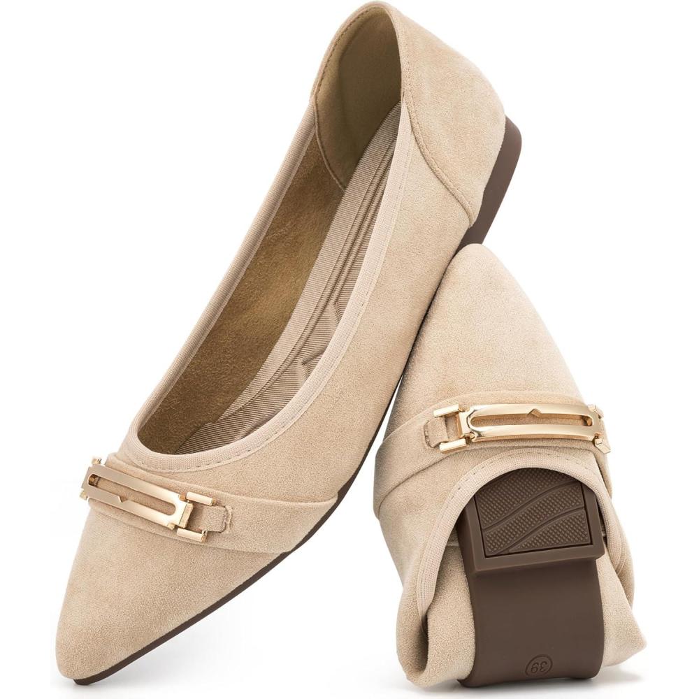 image:imageEcetana Flats for Women Pointed Toe Ballet Flats Comfortable Suede Slip on Dressy Shoes for Work Business Casual TravelApricot