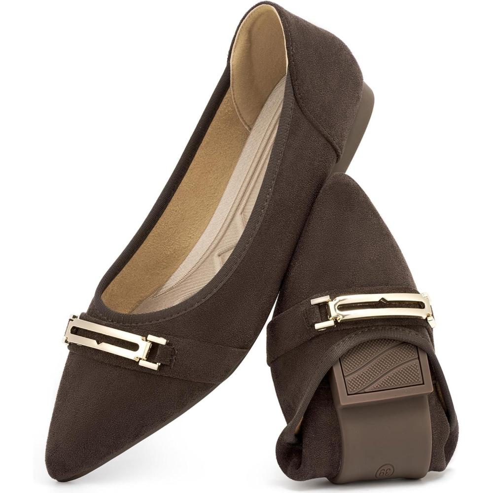 image:imageEcetana Flats for Women Pointed Toe Ballet Flats Comfortable Suede Slip on Dressy Shoes for Work Business Casual TravelCoffee