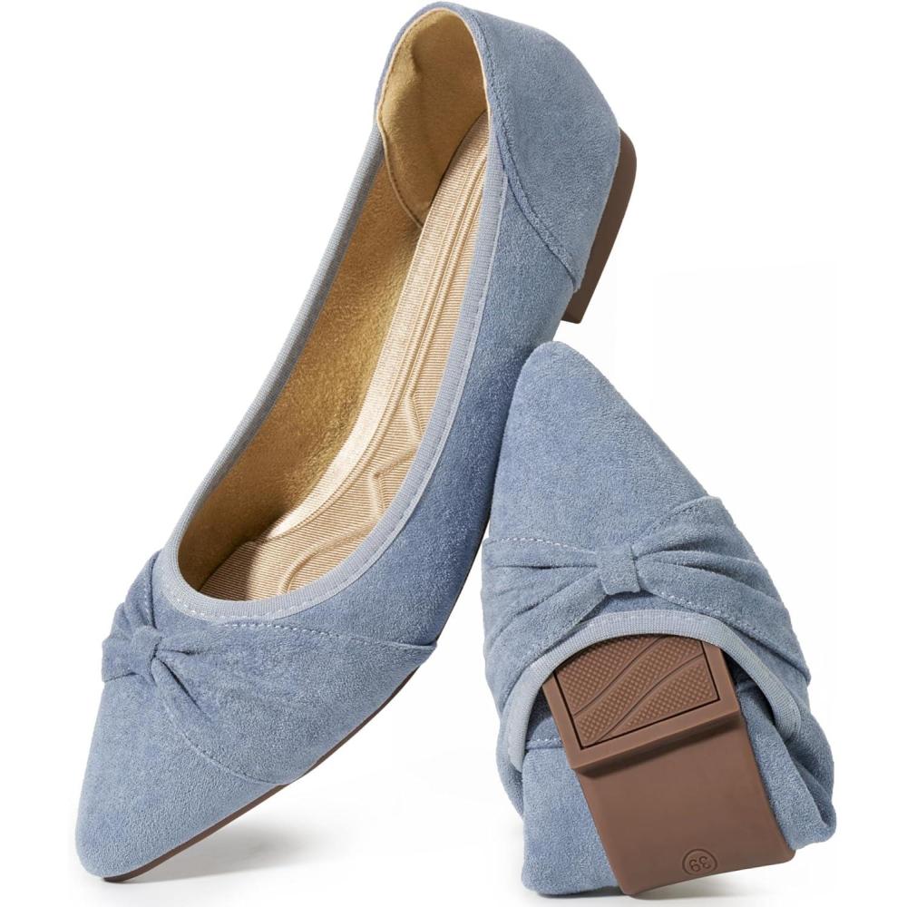 image:imageEcetana Womens Flats Ballet Shoes Comfortable Dressy Pointed Toe Bow Flats 2026 Foldable Slip On Dress Shoes for Work Office Business Wedding CasualBlue