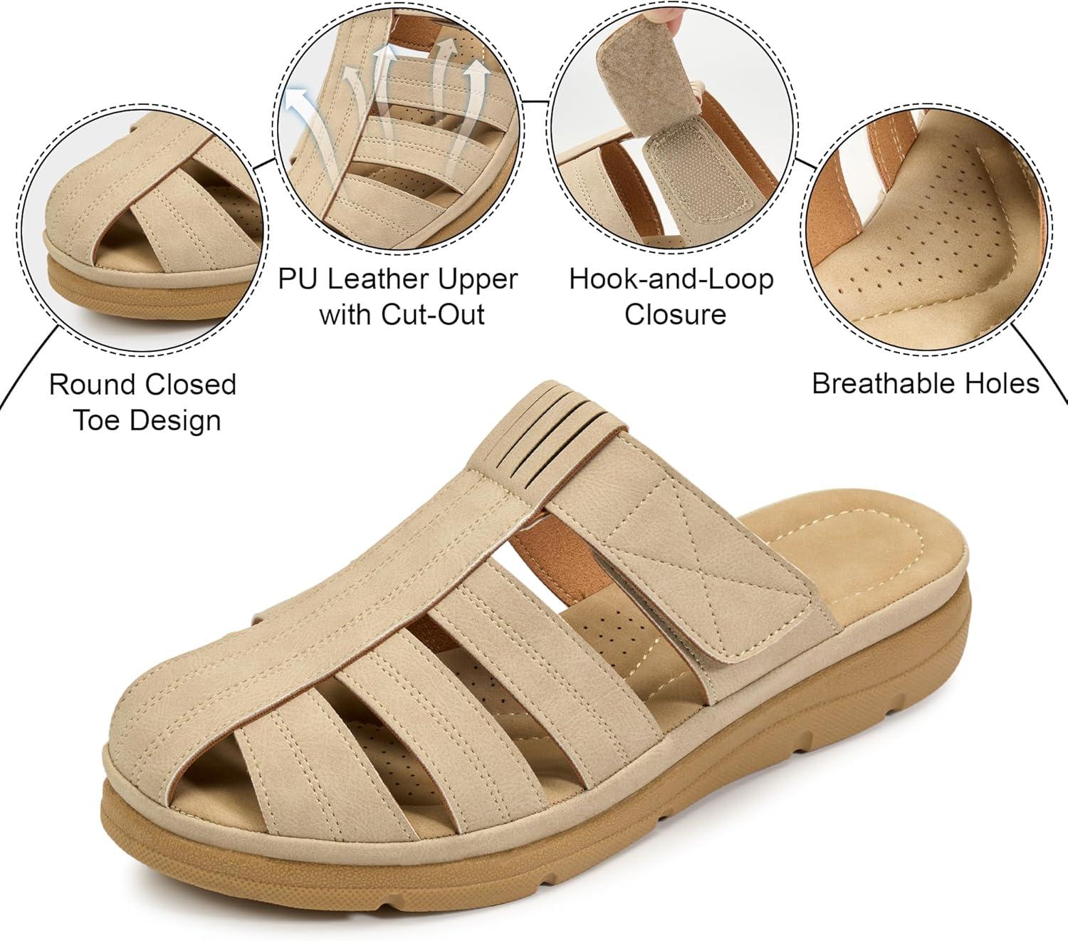 image:imageEcetana Closed Toe Sandals for Women Comfortable Dressy Fisherman Clogs Summer Casual Slip On Arch Support Wedge Mules for WalkingBeige