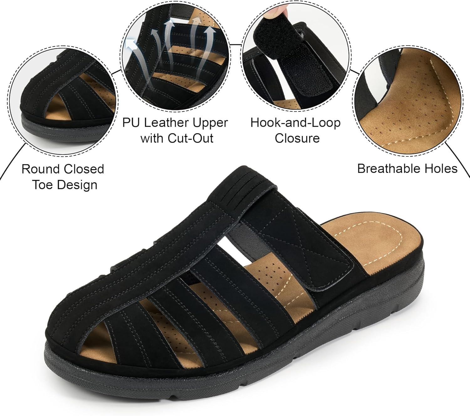 image:imageEcetana Closed Toe Sandals for Women Comfortable Dressy Fisherman Clogs Summer Casual Slip On Arch Support Wedge Mules for WalkingBlack