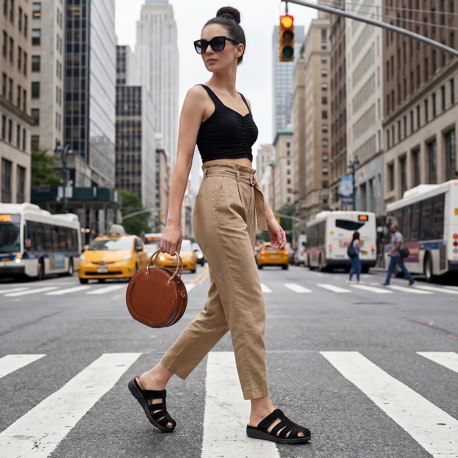 image:imageEcetana Closed Toe Sandals for Women Comfortable Dressy Fisherman Clogs Summer Casual Slip On Arch Support Wedge Mules for WalkingBlack