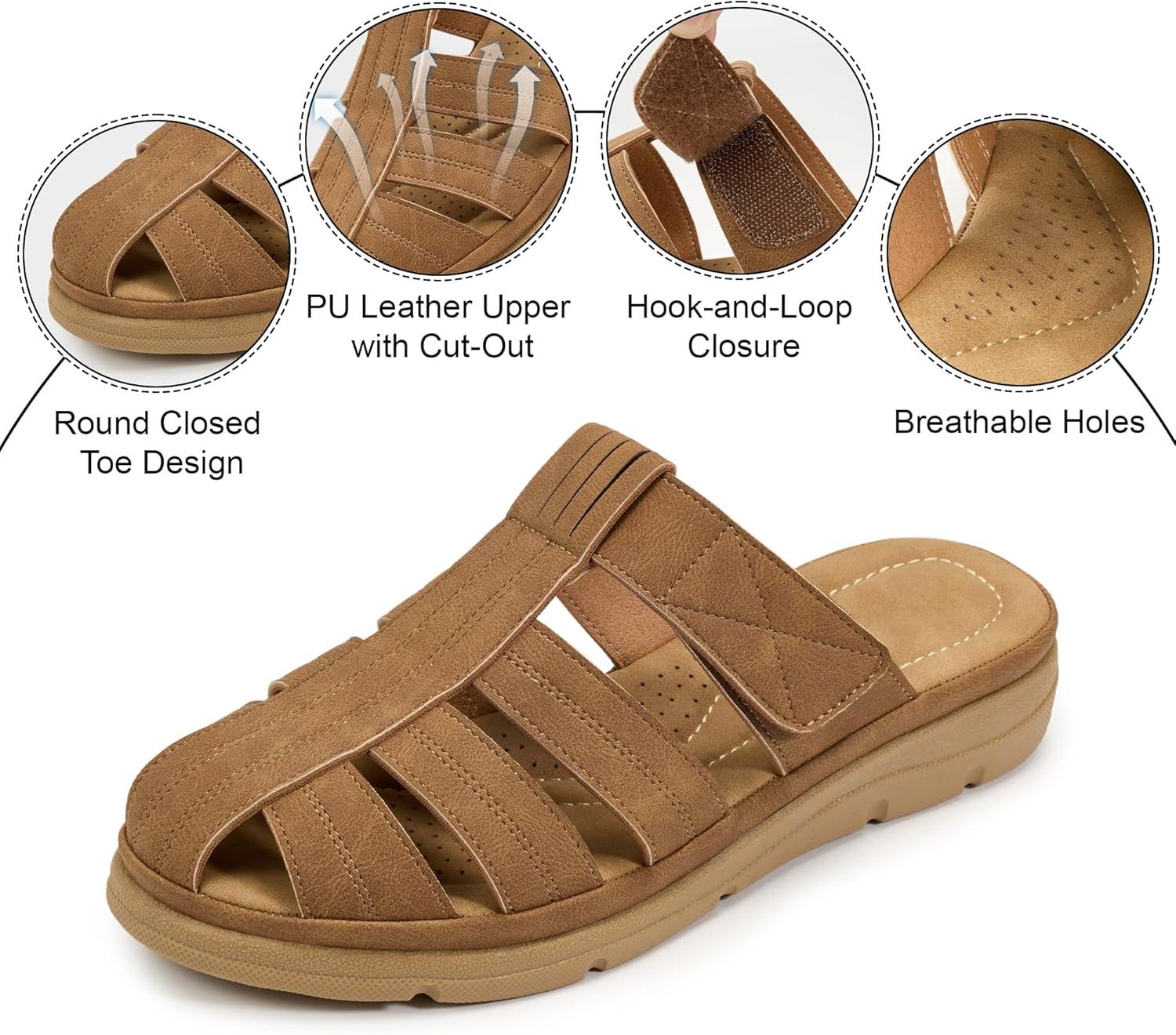 image:imageEcetana Closed Toe Sandals for Women Comfortable Dressy Fisherman Clogs Summer Casual Slip On Arch Support Wedge Mules for WalkingBrown