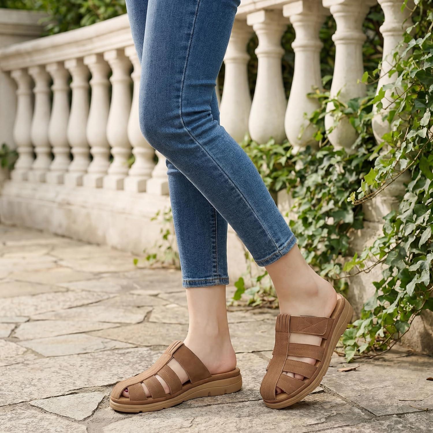 image:imageEcetana Closed Toe Sandals for Women Comfortable Dressy Fisherman Clogs Summer Casual Slip On Arch Support Wedge Mules for WalkingBrown
