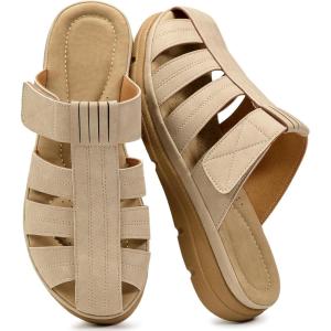 Ecetana Closed Toe Sandals for Women Comfortable Dressy Fisherman Clogs Summer Casual Slip On Arch Support Wedge Mules for Walking(Beige)