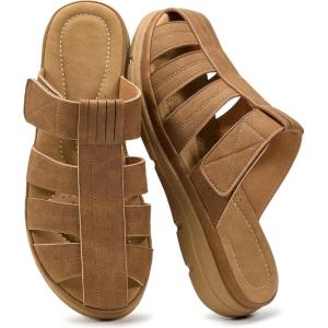 Ecetana Closed Toe Sandals for Women Comfortable Dressy Fisherman Clogs Summer Casual Slip On Arch Support Wedge Mules for Walking(Brown)