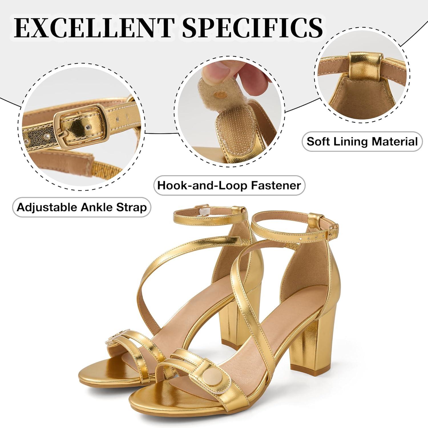image:imageEcetana Womens Chunky Heel Sandals Open Toe Block Ankle Strap Buckle Comfortable Dressy Pumps Shoes for Wedding Party PromGold