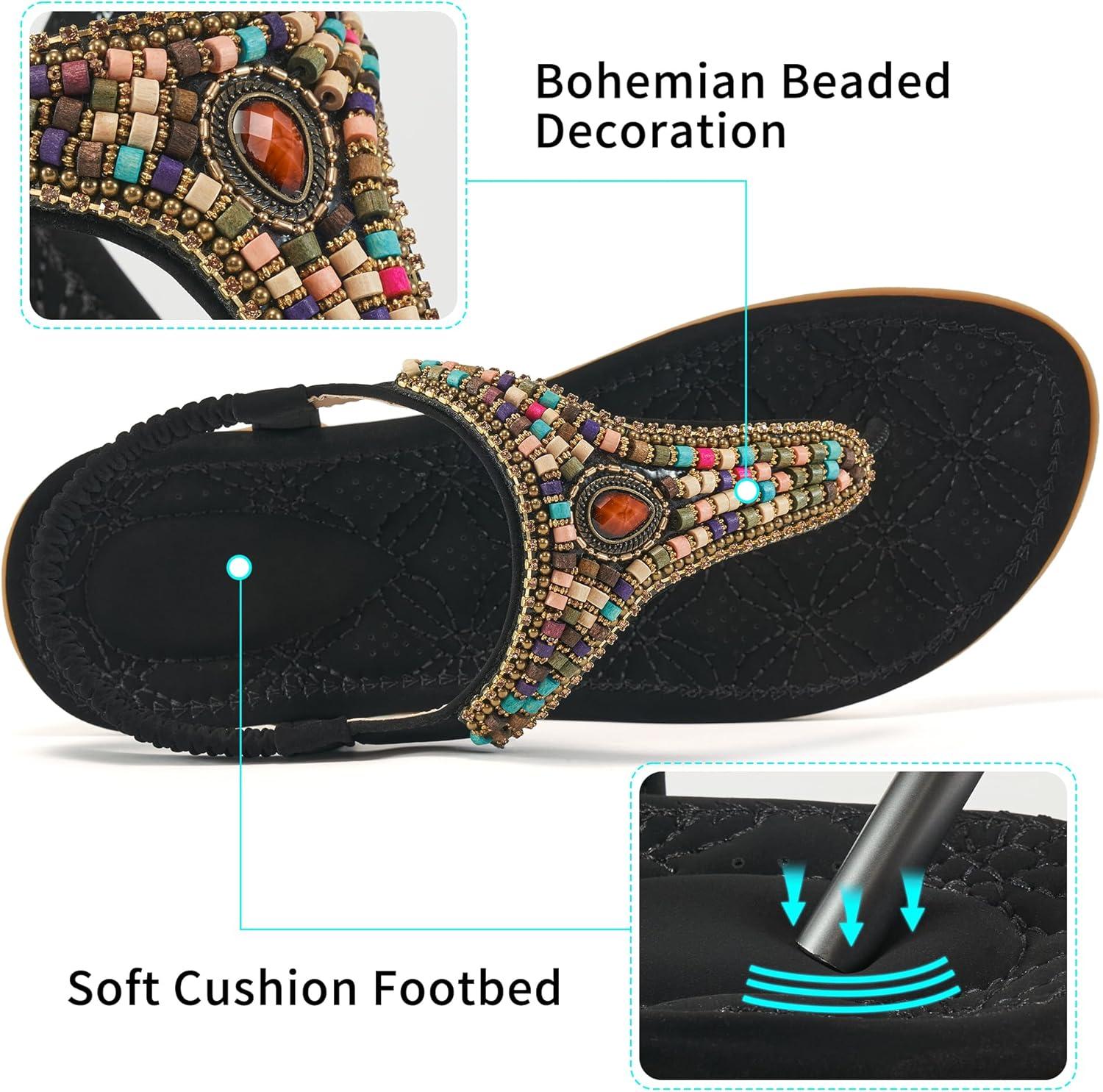 image:imageEcetana Womens Flats Sandals Dressy Comfortable Beach Summer Sandals 2026 Bohemian Strappy Walking Casual ShoesBlack