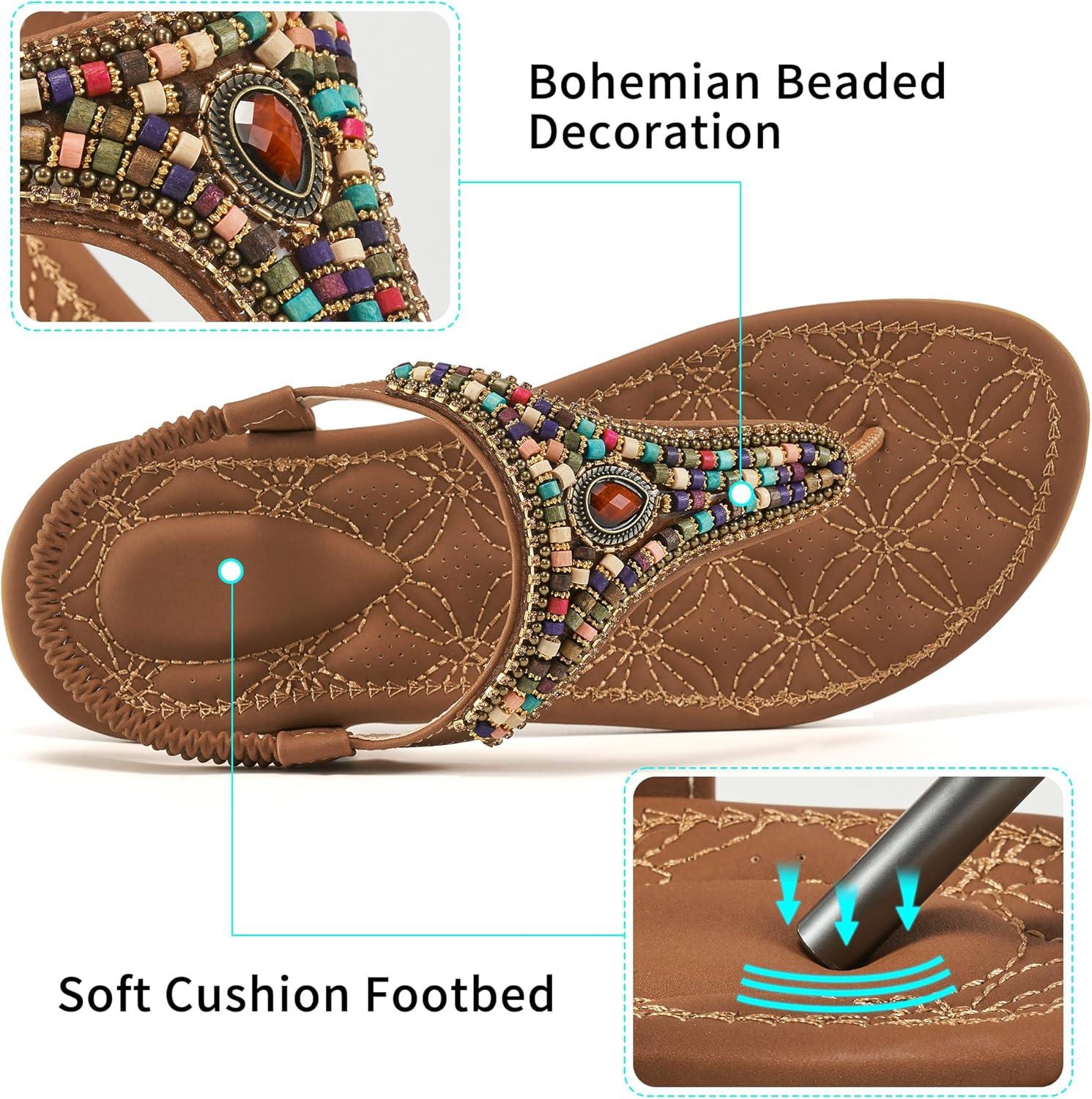 image:imageEcetana Womens Flats Sandals Dressy Comfortable Beach Summer Sandals 2026 Bohemian Strappy Walking Casual ShoesBrown