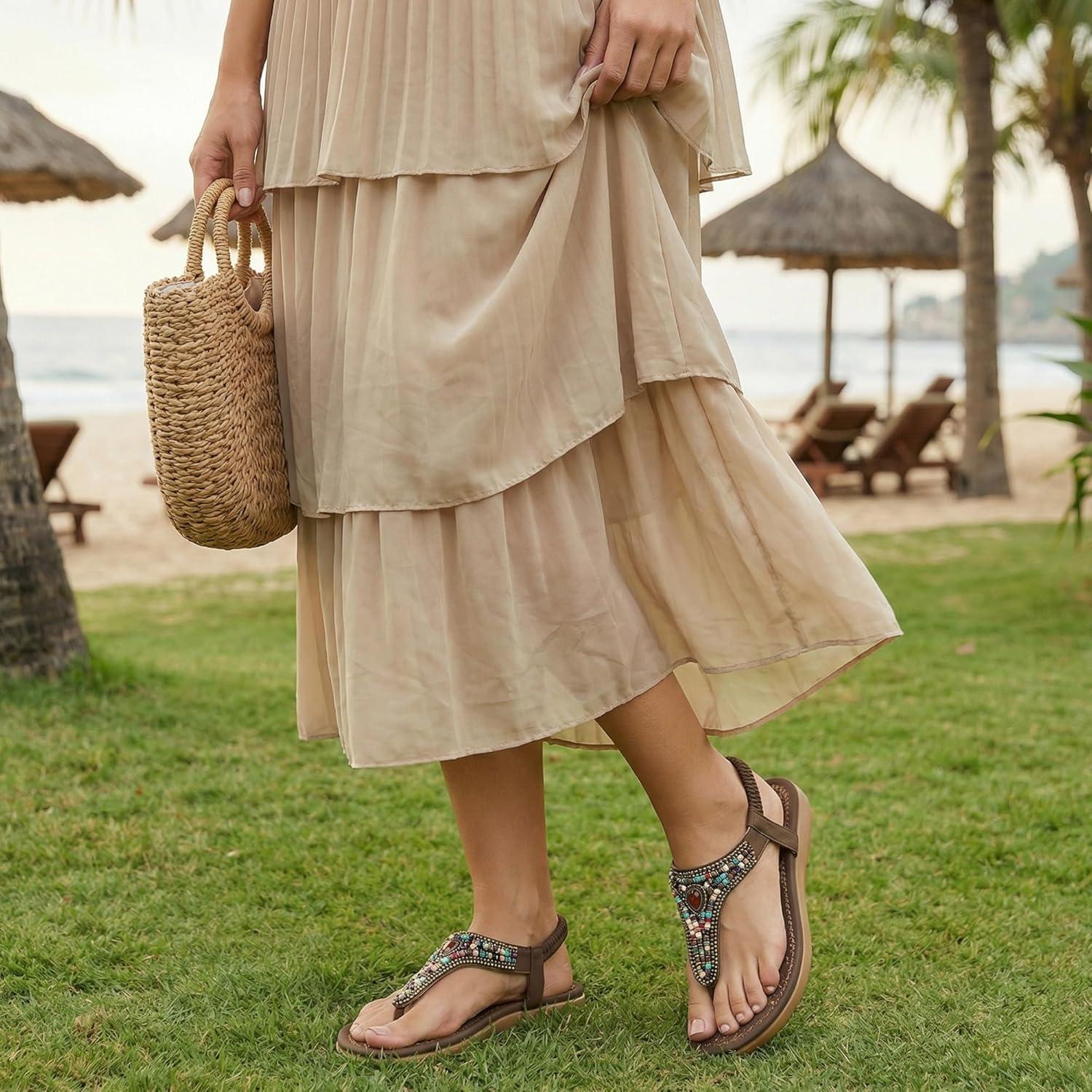 image:imageEcetana Womens Flats Sandals Dressy Comfortable Beach Summer Sandals 2026 Bohemian Strappy Walking Casual ShoesCoffee