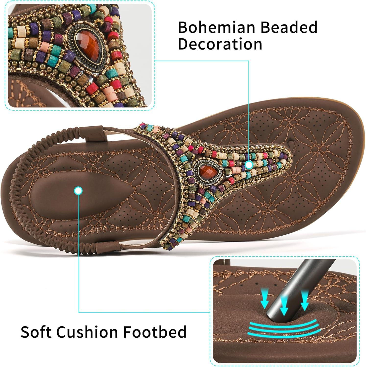 image:imageEcetana Womens Flats Sandals Dressy Comfortable Beach Summer Sandals 2026 Bohemian Strappy Walking Casual ShoesCoffee