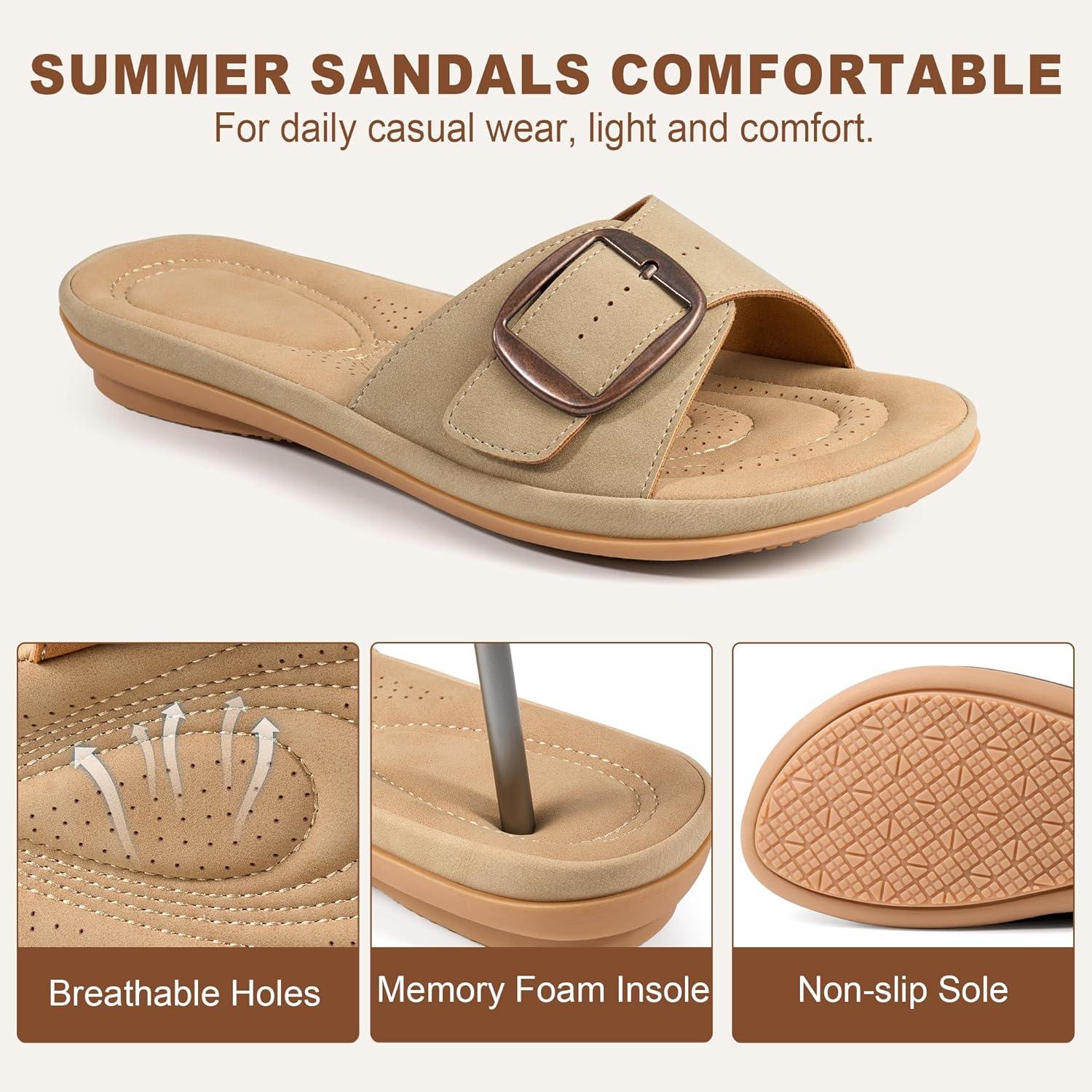 image:imageEcetana Womens Sandals Comfortable Slides 2026 Summer Casual Adjustable Buckle Dressy Slip On Flats for Indoor Outdoor Daily WalkingBeige